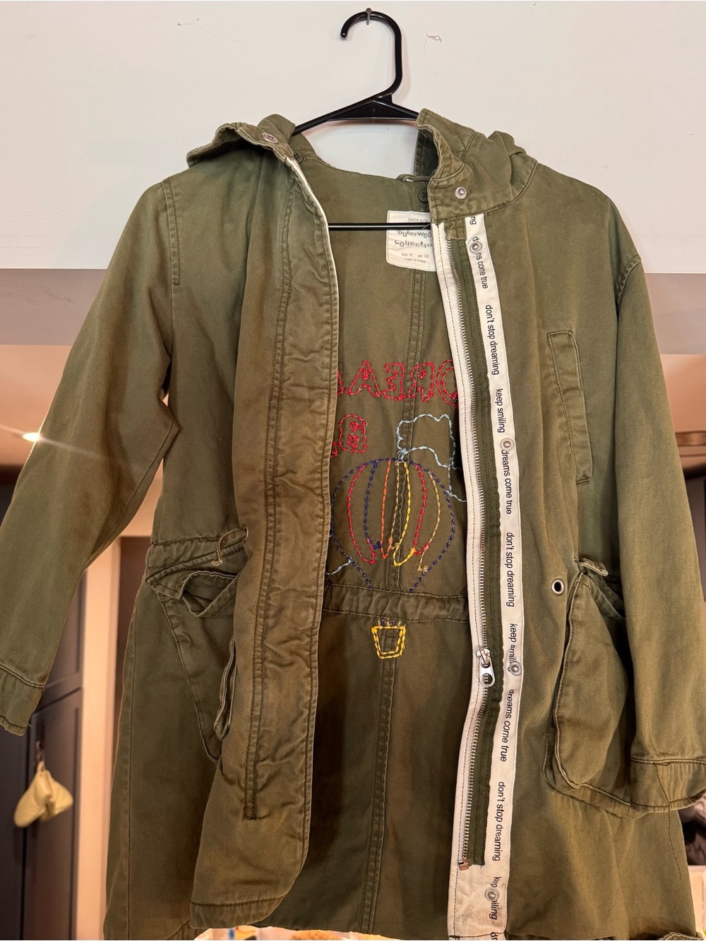 Zara Girl Dream Big Embroidered Military Jacket In Army Green